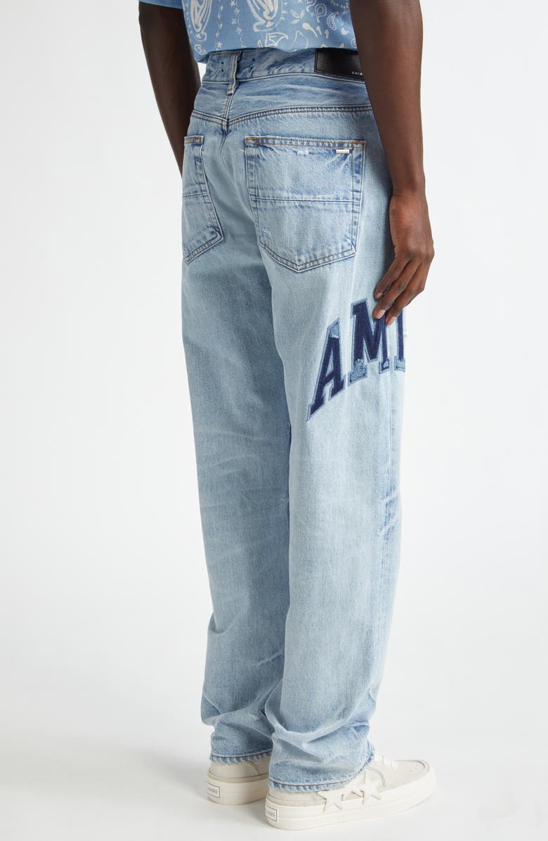AMIRI Varsity Logo Rip & Repair Straight Leg Jeans, Alternate, color, 
