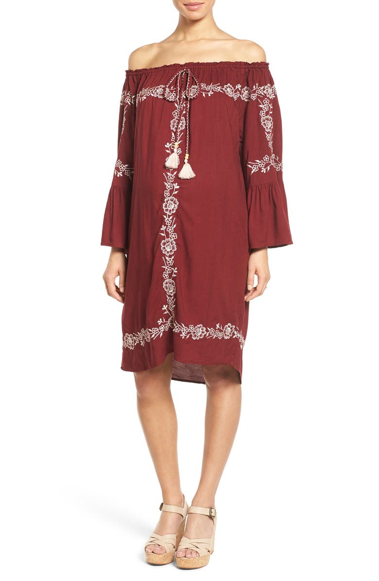 Fillyboo 'Finding California' Embroidered Off the Shoulder Maternity Dress, Main, color, 