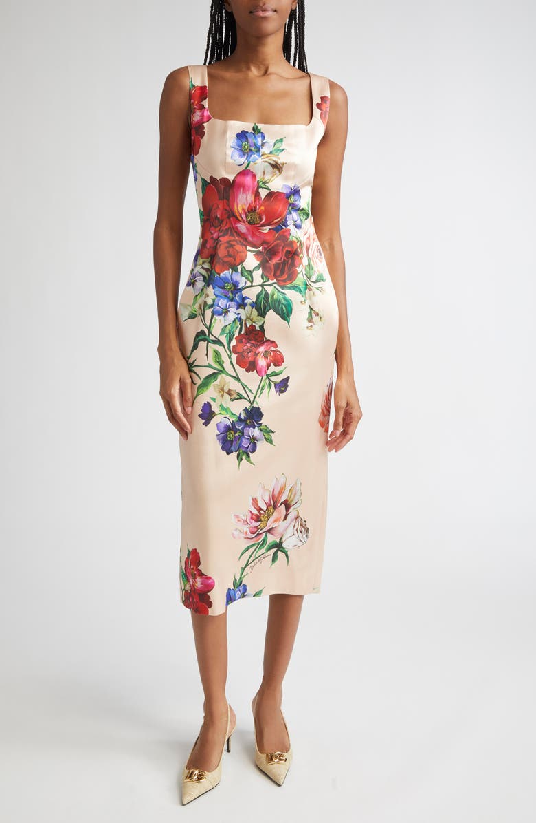 Dolce&Gabbana Floral Stretch Satin Sheath Dress with Bra Detail, Main, color, H25pr B.fiori Antichi Fnud