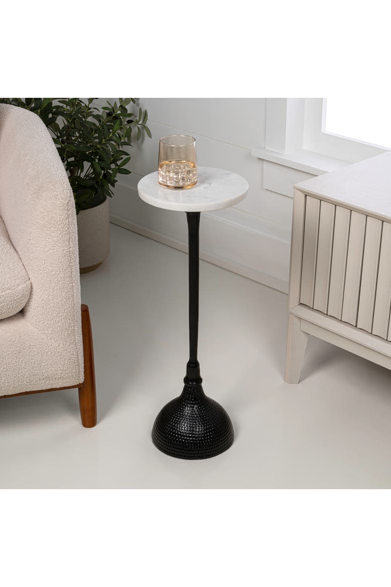 Ava Contemporary Round Marble Top Drink Table, Hammered Metal Pedestal Martini Accent Side Table, Alternate, color, Black