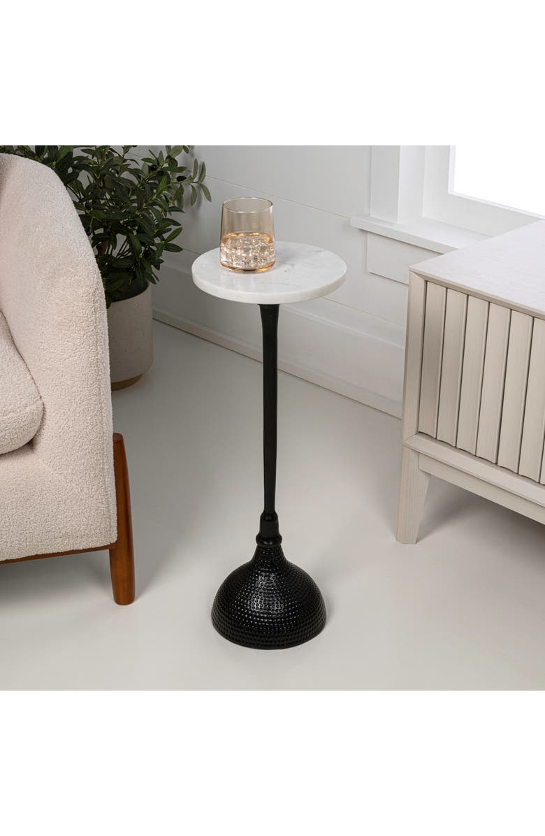 JONATHAN Y Ava 23.75" Art Deco Contemporary Metal Pedestal Drink Table and Decorative End Table with White Marble Round Top and Hammered Base, Alternate, color, Black