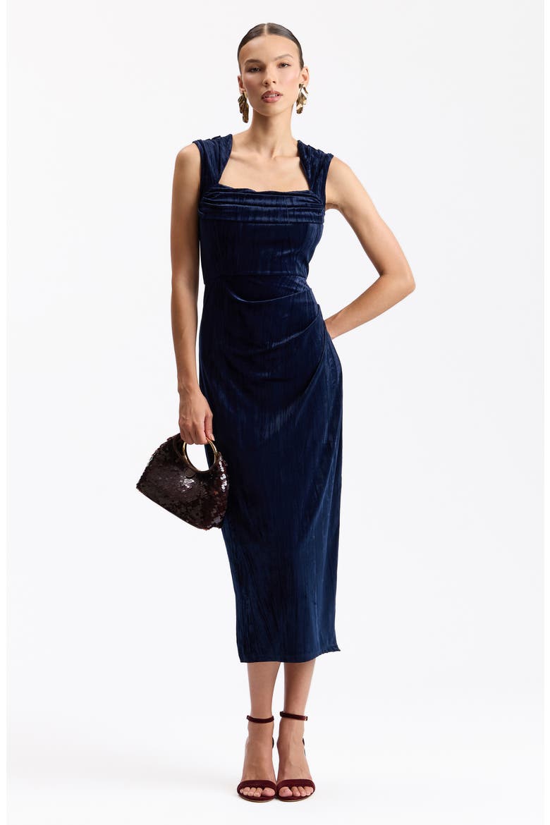 Asymmetric Stretch Velvet Midi Dress, Alternate, color, NAVY