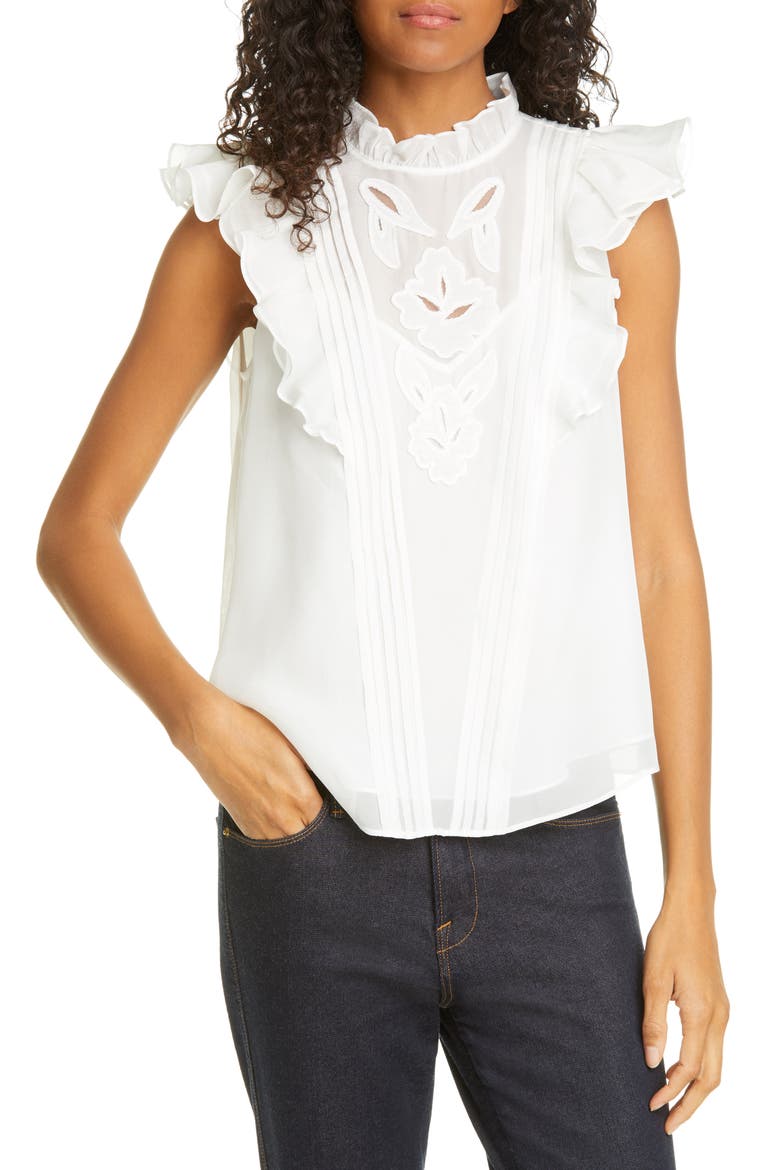 Hana Embroidered Ruffle Sleeve Silk Top, Main, color, SNOW