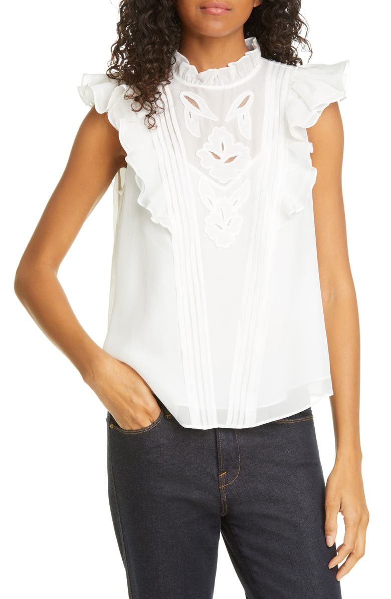 Rebecca Taylor Hana Embroidered Ruffle Sleeve Silk Top, Main, color, 