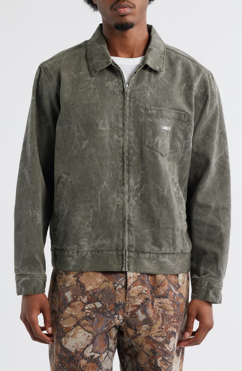 Obey Workman Cotton Denim Zip Jacket, Alternate, color, Black Olive Wrinkle Wash