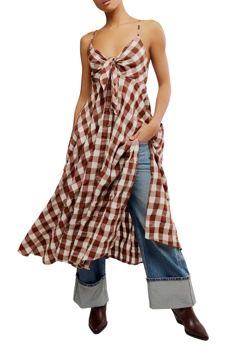 Free People Via Gingham Cotton Seersucker Sundress, Alternate, color, Brown Combo Everly