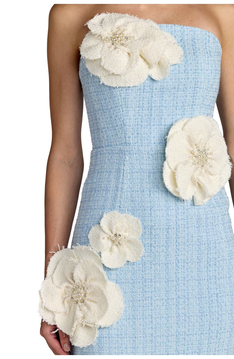 Mac Duggal Strapless Boucle Fitted Midi Dress With 3D Flowers, Alternate, color, 