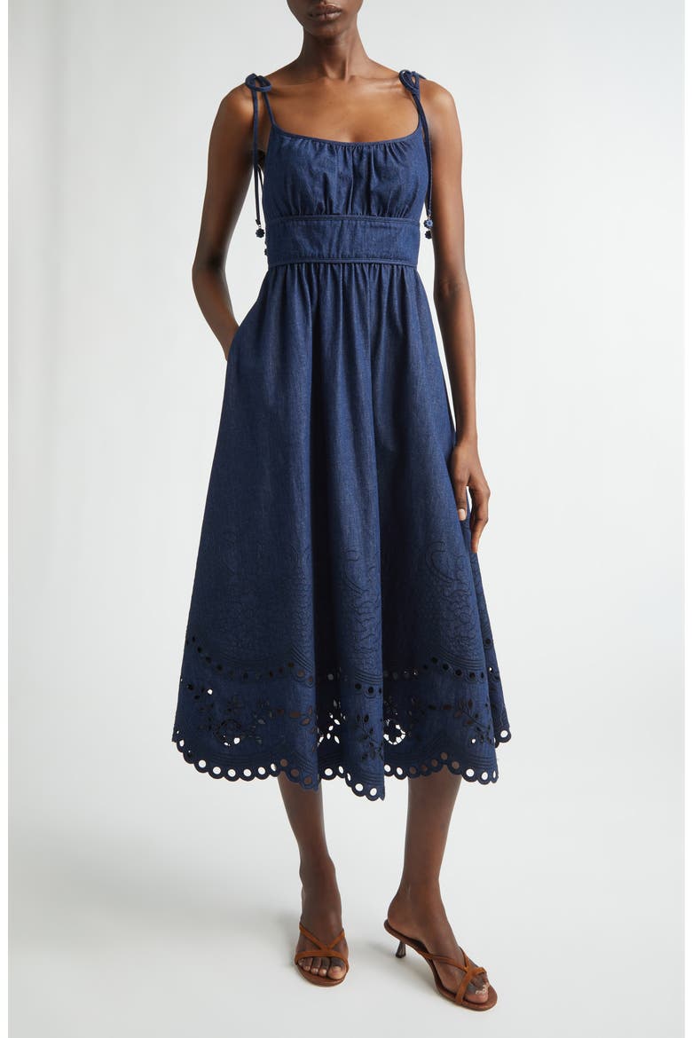 Mohan Broderie Anglaise Trim Denim Midi Dress, Main, color, INK