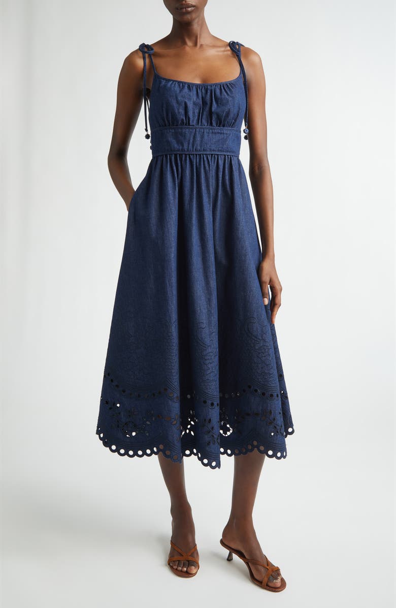 Zimmermann Mohan Broderie Anglaise Trim Denim Midi Dress, Main, color, Ink