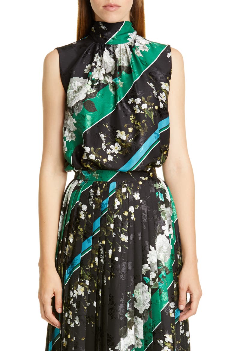 Floral Stripe Tie Neck Top, Main, color, BLACK / WHITE
