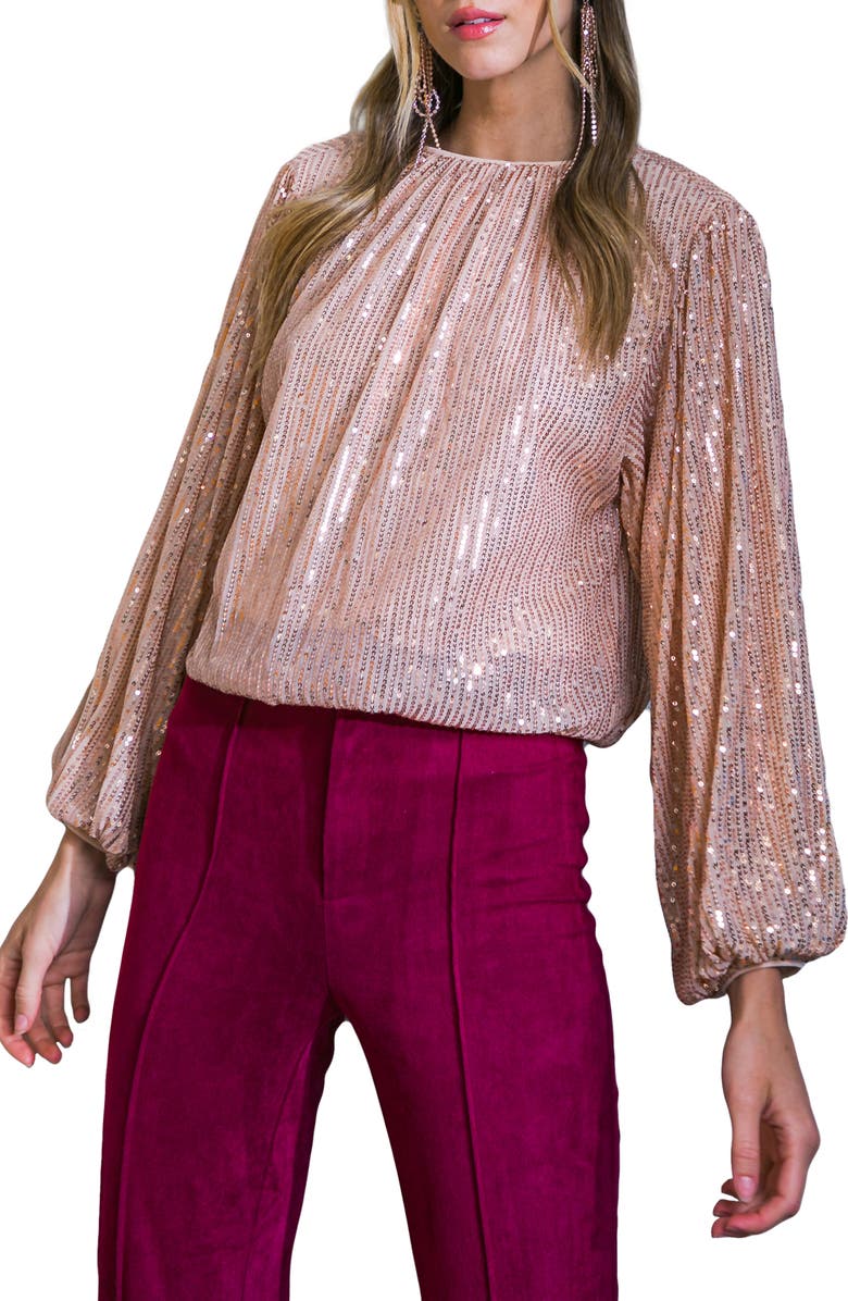 FLYING TOMATO Sequin Long Sleeve Top, Main, color, Rose Gold