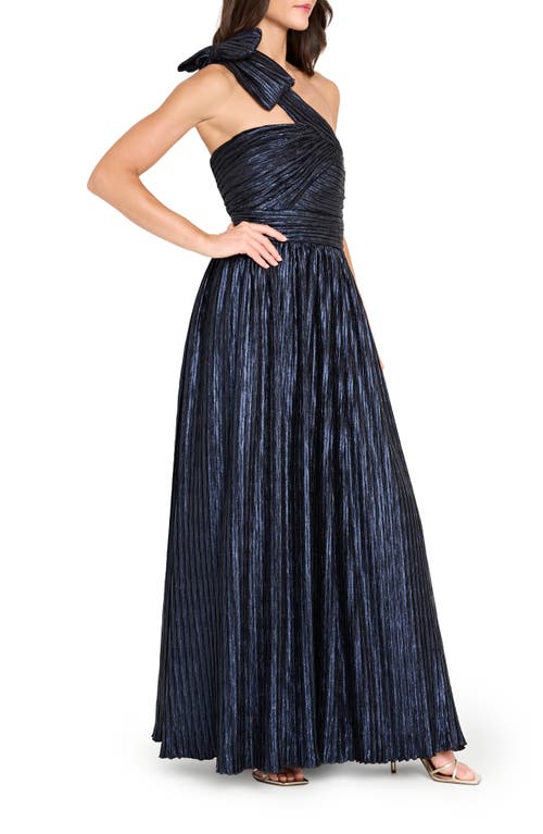 Tahari Asl One-shoulder Crinkle Evening Gown In Blue