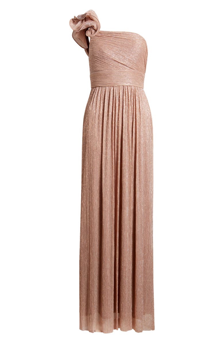 After Six Ruffle One-Shoulder Metallic Column Gown, Alternate, color, Sienna Metallic