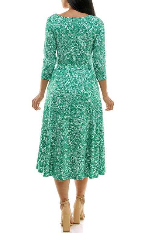 Shop Nina Leonard Crewneck Three-quarter Sleeve Midi Dress In Bright Green/white