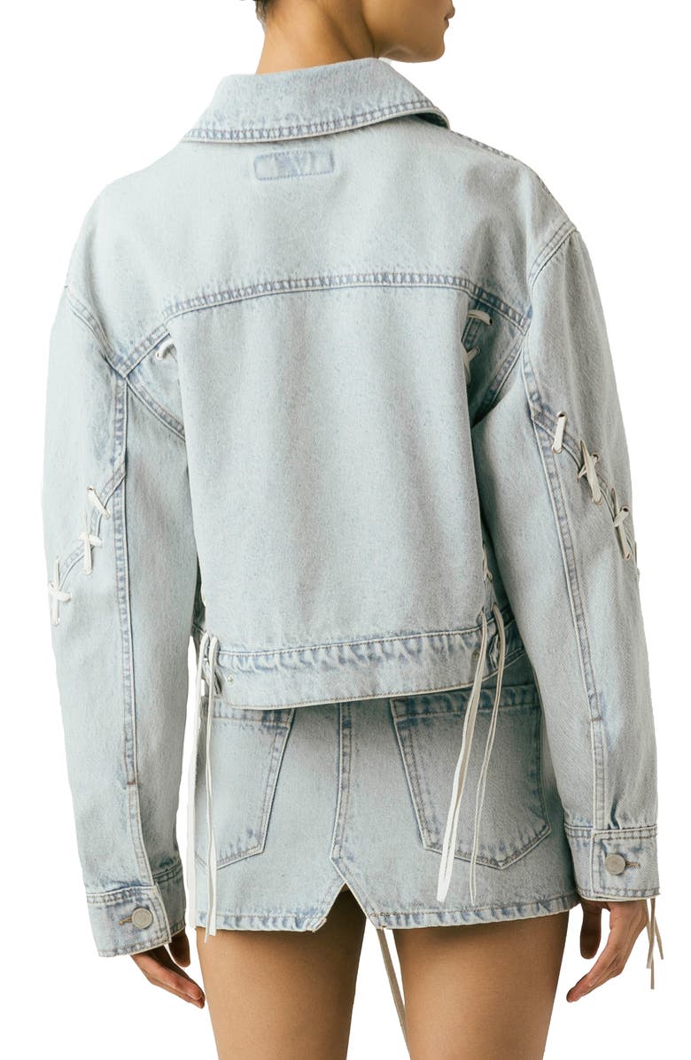BLANKNYC Tie Breaker Oversize Lace-Up Denim Trucker Jacket, Alternate, color, 