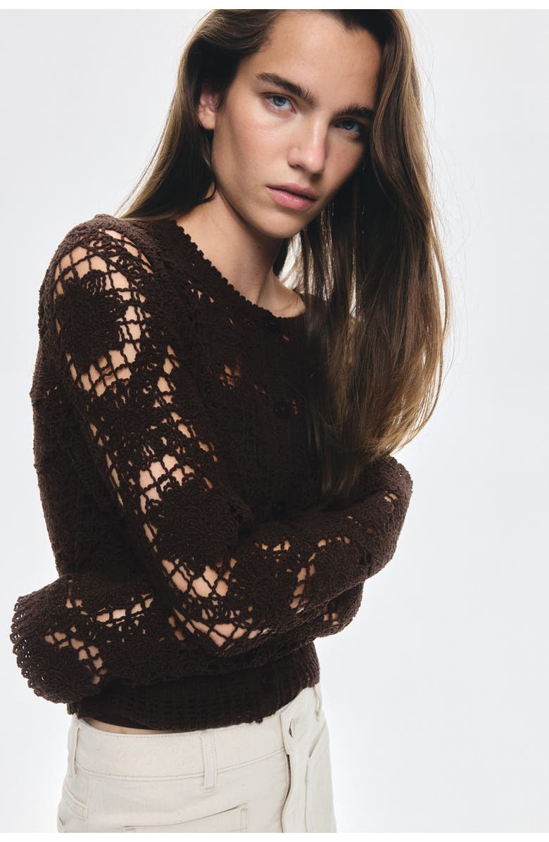 H&M Crochet-look Cardigan, Alternate, color, Brown