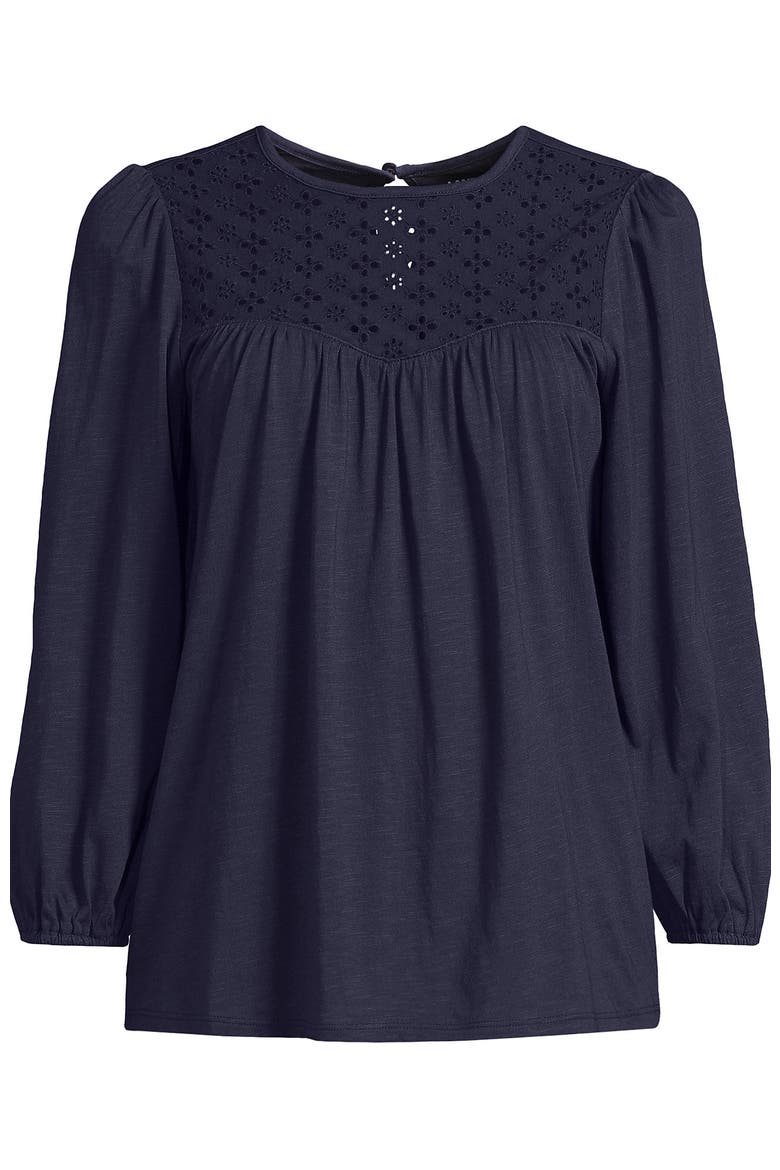 Plus Size 3/4 Sleeve Eyelet Mix Flowy Top, Alternate, color, Faded Navy