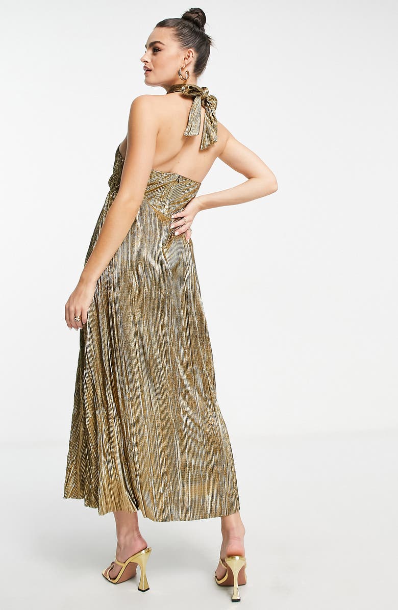 Topshop Metallic Halter Neck Plissé Midi Dress, Alternate, color, 