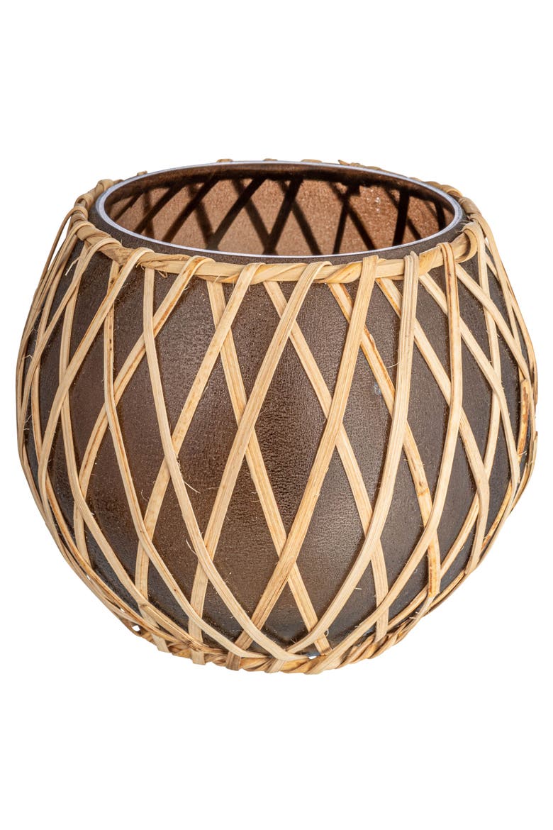 Glass Votive Holder with Woven Rattan Sleeve, Brown and Natural, Main, color, Brown