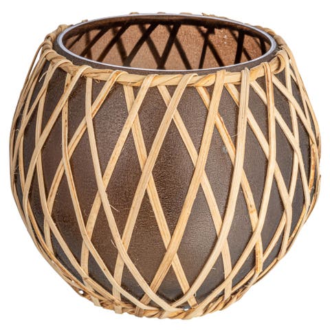 Glass Votive Holder with Woven Rattan Sleeve, Brown and Natural