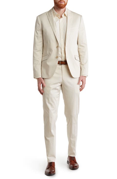 Tan Woven Two Button Peak Lapel Trim Fit Cotton Blend Suit