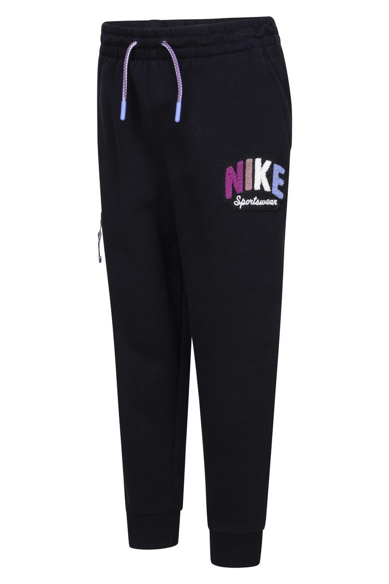 Kids' Bouclé Trim Graphic Joggers, Alternate, color, BLACK