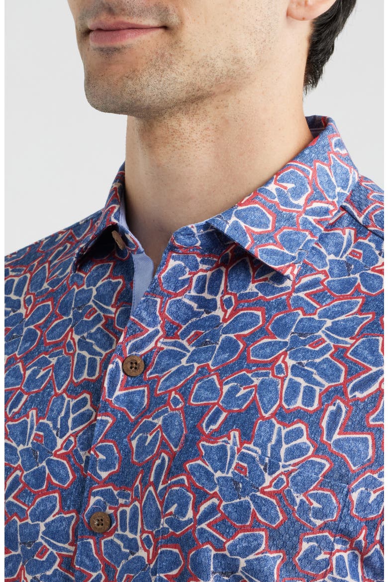 Coastal Ease Geo Rio Floral IslandZone® Short Sleeve Button-Up Shirt, Alternate, color, BERING BLUE
