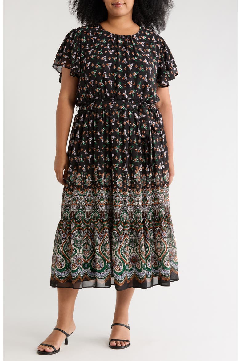 Floral & Paisley Mixe Print Flutter Sleeve Dress, Main, color, ALPINE GREEN