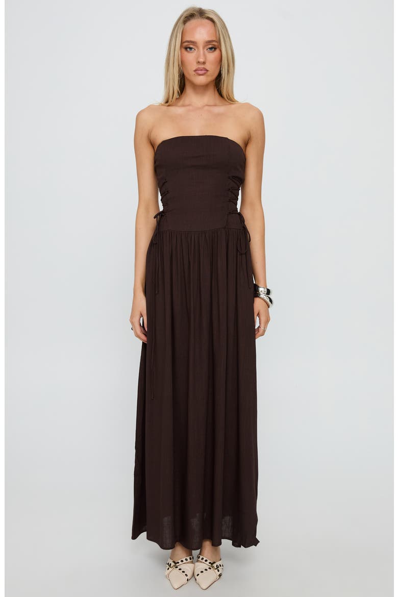 So Far So Good Strapless Linen & Cotton Maxi Dress, Alternate, color, CHOCOLATE