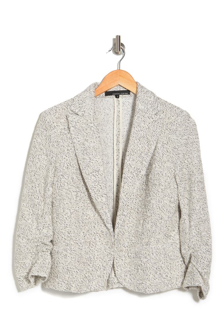 Three-Quarter Sleeve Scrunch Bouclé Blazer, Alternate, color, IVORY/BLACK