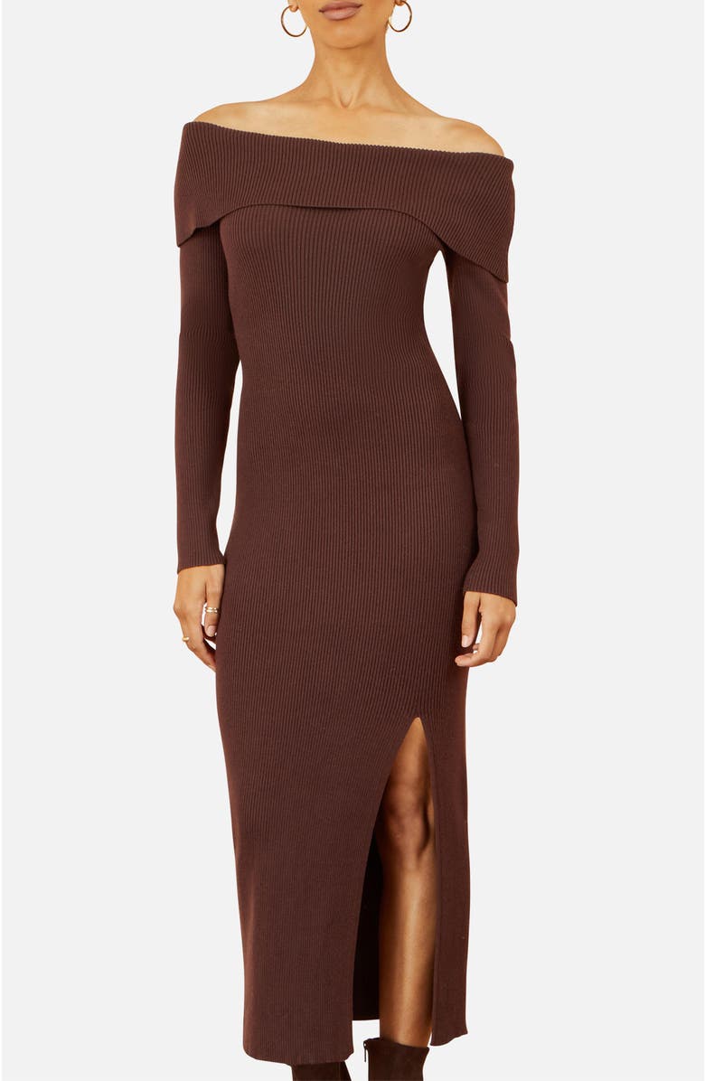 Yumi Bardot Knitted Fitted Midi Dress, Alternate, color, Brown