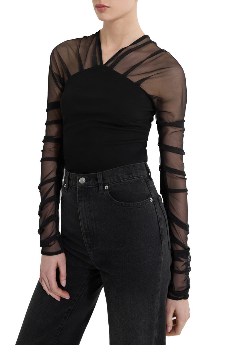 Marcella Lita Mesh & Ponte Top, Alternate, color, Black