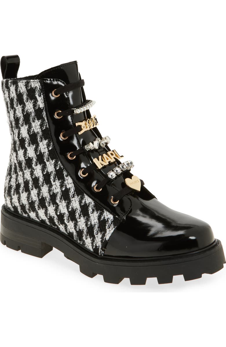 KARL LAGERFELD PARIS Maple Tweed Combat Boot, Main, color, Black/White