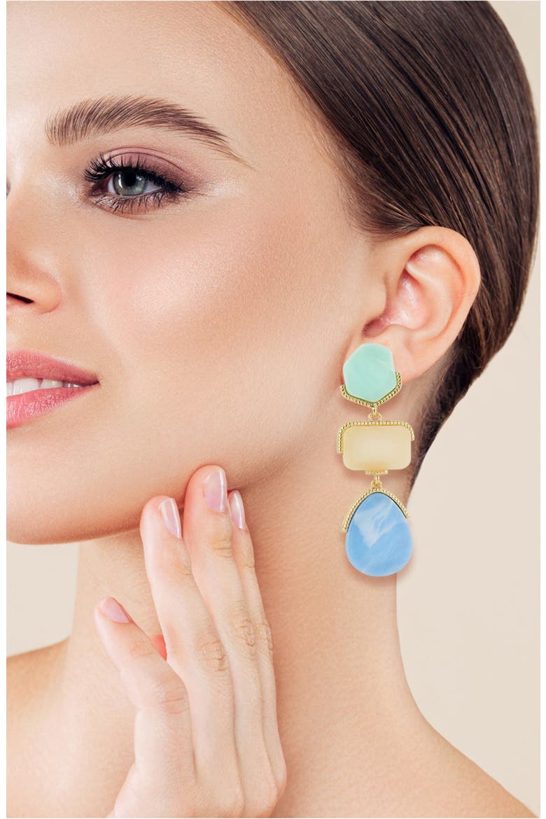 Geometric Triple Stone Drop Earrings, Alternate, color, BLUE MULTI/ GOLD