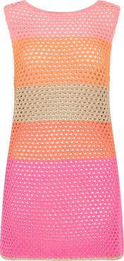 Milly Metallic Stripe Sheer Cotton Blend Open Stitch Cover-Up Minidress