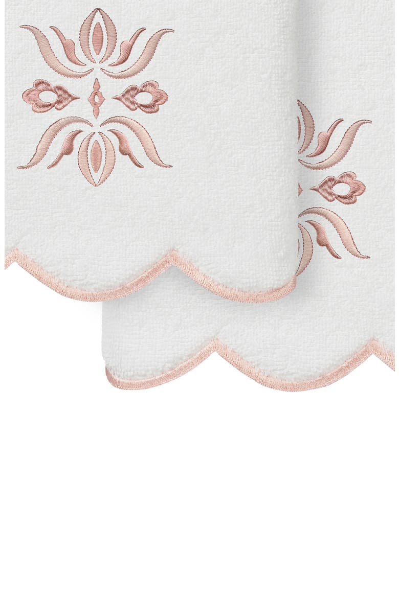 Flower Crest Scalloped Set of 2 Hand Towels, Alternate, color, WHITE/ PINK
