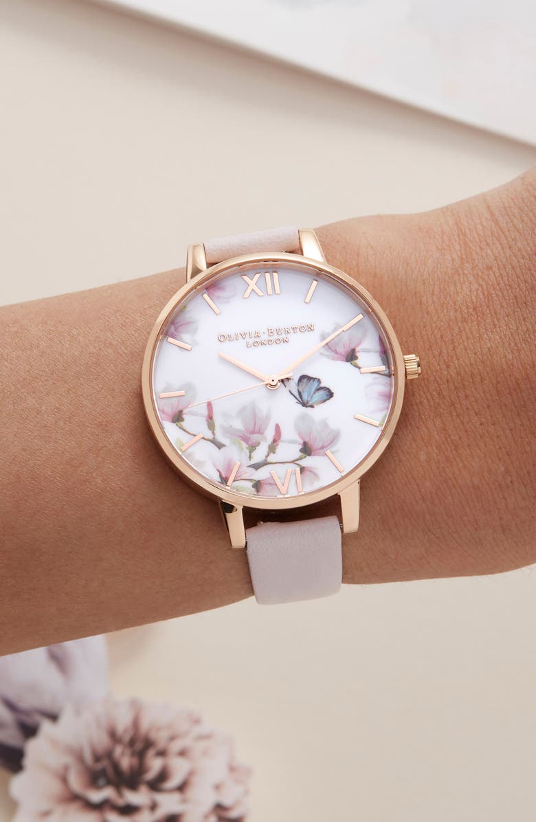 Olivia Burton Pretty Blossom Leather Strap Watch, 38mm, Alternate, color, 