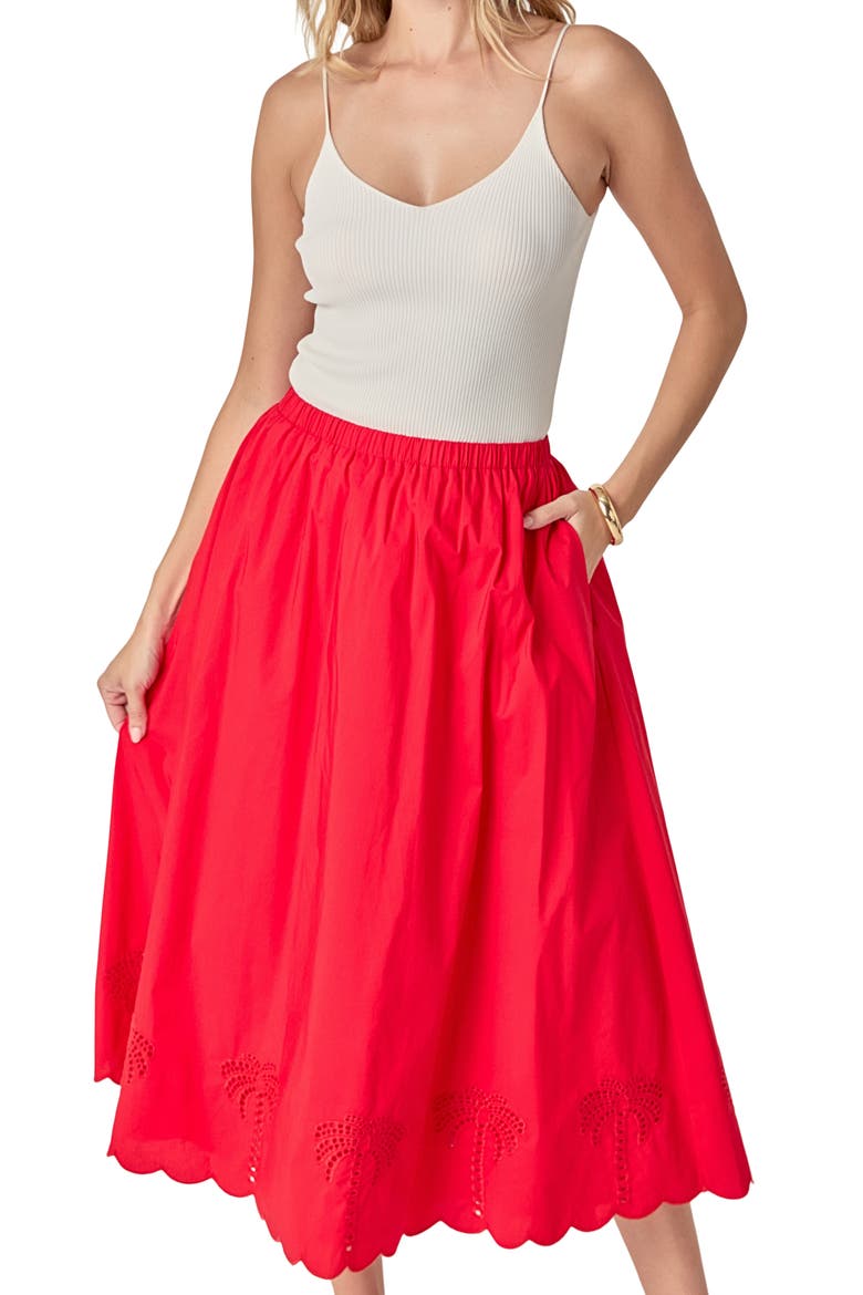 Embroidered High Waist Midi Skirt, Alternate, color, RED