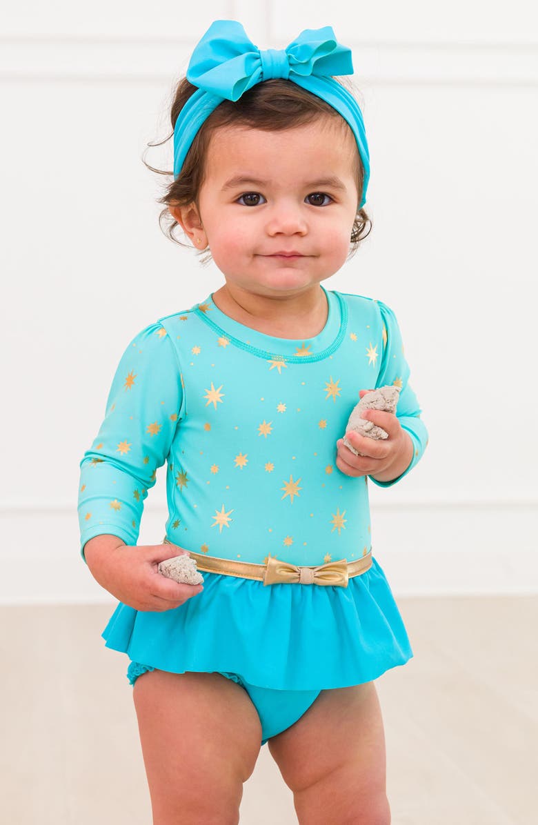 RuffleButts Golden Princess One-Piece Rashguard Swimsuit & Bow Head Wrap Set, Alternate, color, Blue