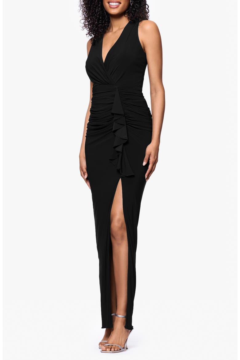 Ruched Ruffle Column Gown, Alternate, color, BLACK