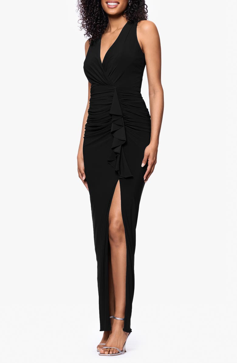 Betsy & Adam Ruched Ruffle Column Gown | Nordstromrack