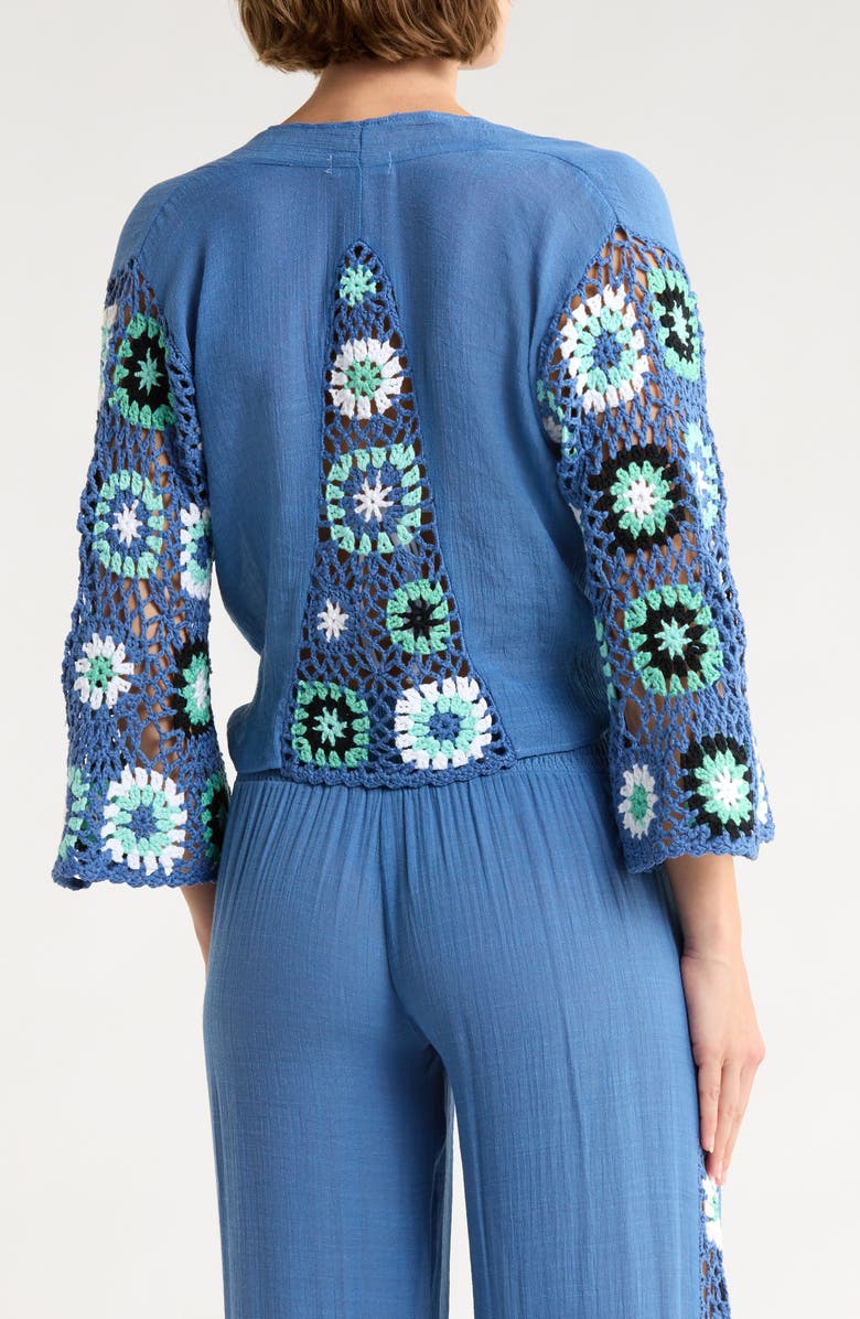 Elan Crochet Long Sleeve Tie Front Cover-Up Top, Alternate, color, Blue Multi