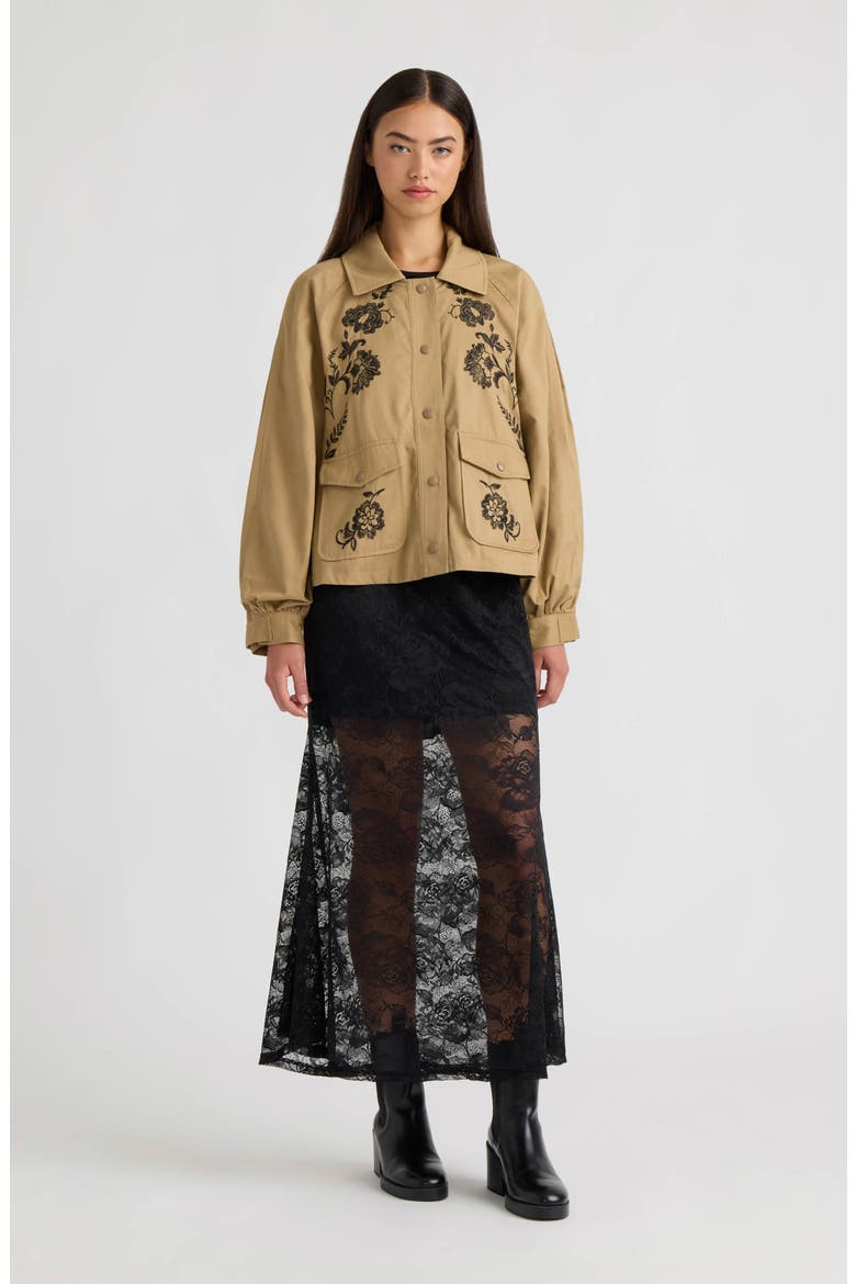 Embroidered Balloon Sleeve Twill Jacket, Alternate, color, KHAKI