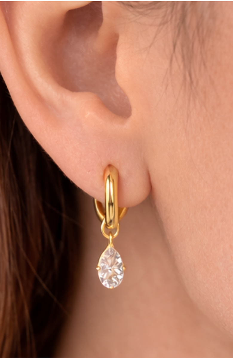 Kellery Cubic Zirconia Marquise Drop Stainless Steel Hoop Earrings, Alternate, color, Gold-Tone