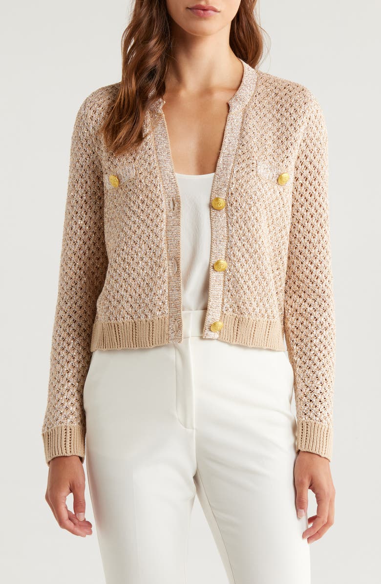 L'AGENCE Blanca Sequin Crop Cardigan, Main, color, Natural Multi/ Gold
