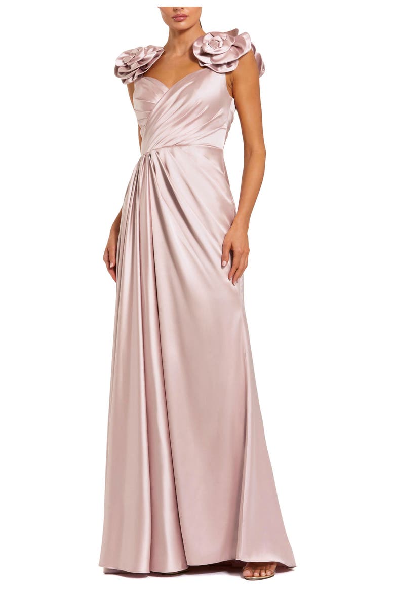 Mac Duggal Faux Wrap Satin Gown With 3D Flower Straps, Main, color, Rose