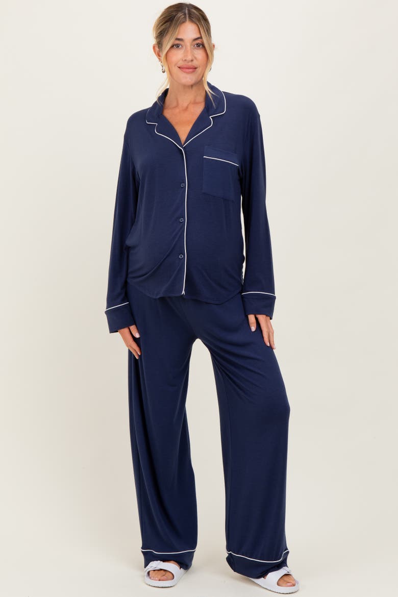 Button Down Top Wide Leg Pant Pajama Set, Main, color, Blue