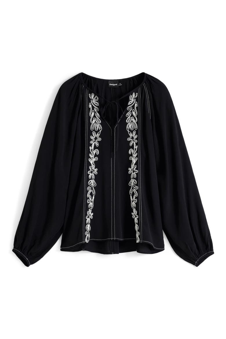 Embroidered Tie Neck Top, Alternate, color, BLACK