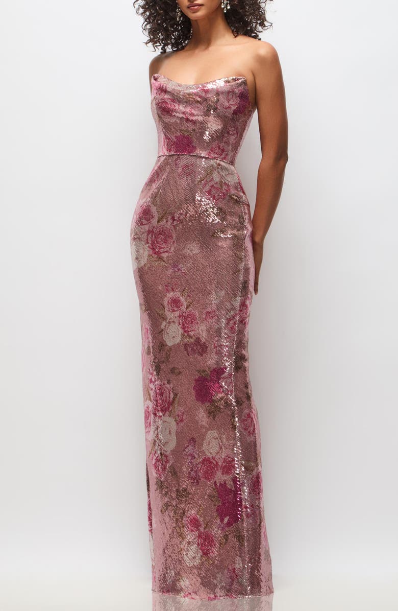 After Six Cassandra Floral Sequin Strapless Column Gown, Main, color, 