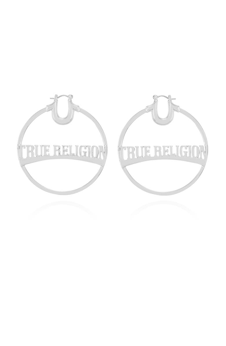 True Religion Silver Tone Large Logo Hoop Earrings, Main, color, Silver Tone